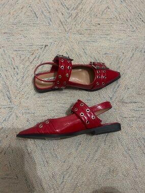 Red Pointed Slingback Flats with Grommet Straps